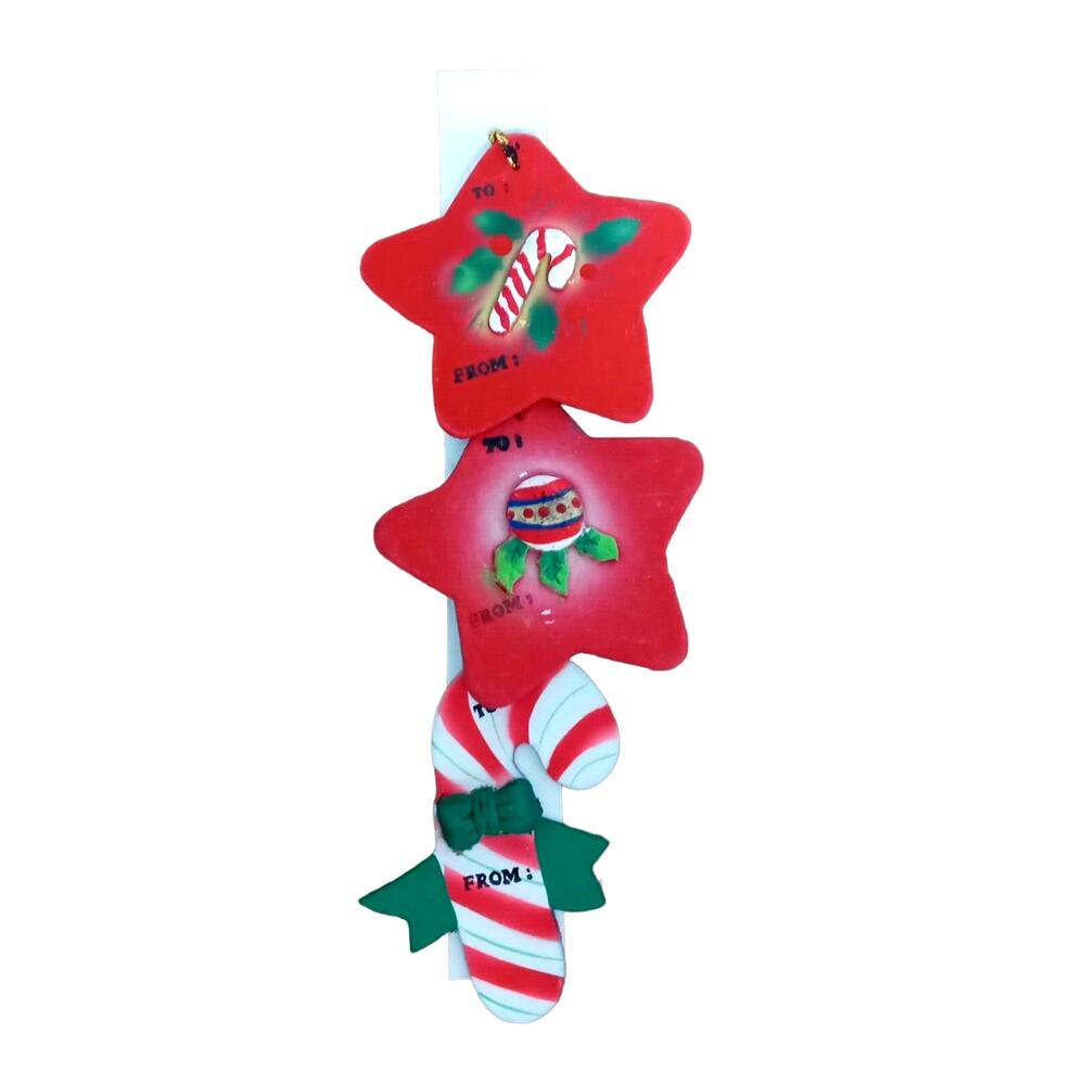 Vintage Christmas Ornament Gift Tags Candy Cane Red Stars Set of 3 Tree Decor